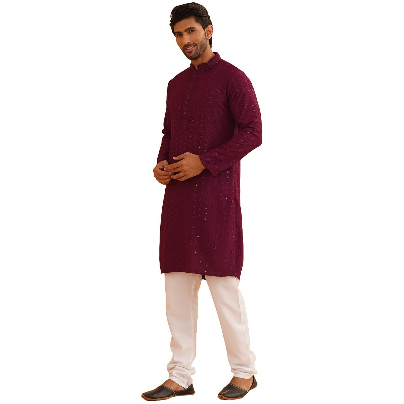 Sojanya (Since 1958 Men's Sequinned Embroidered Purple Cotton Kurta And White Pyjama Set