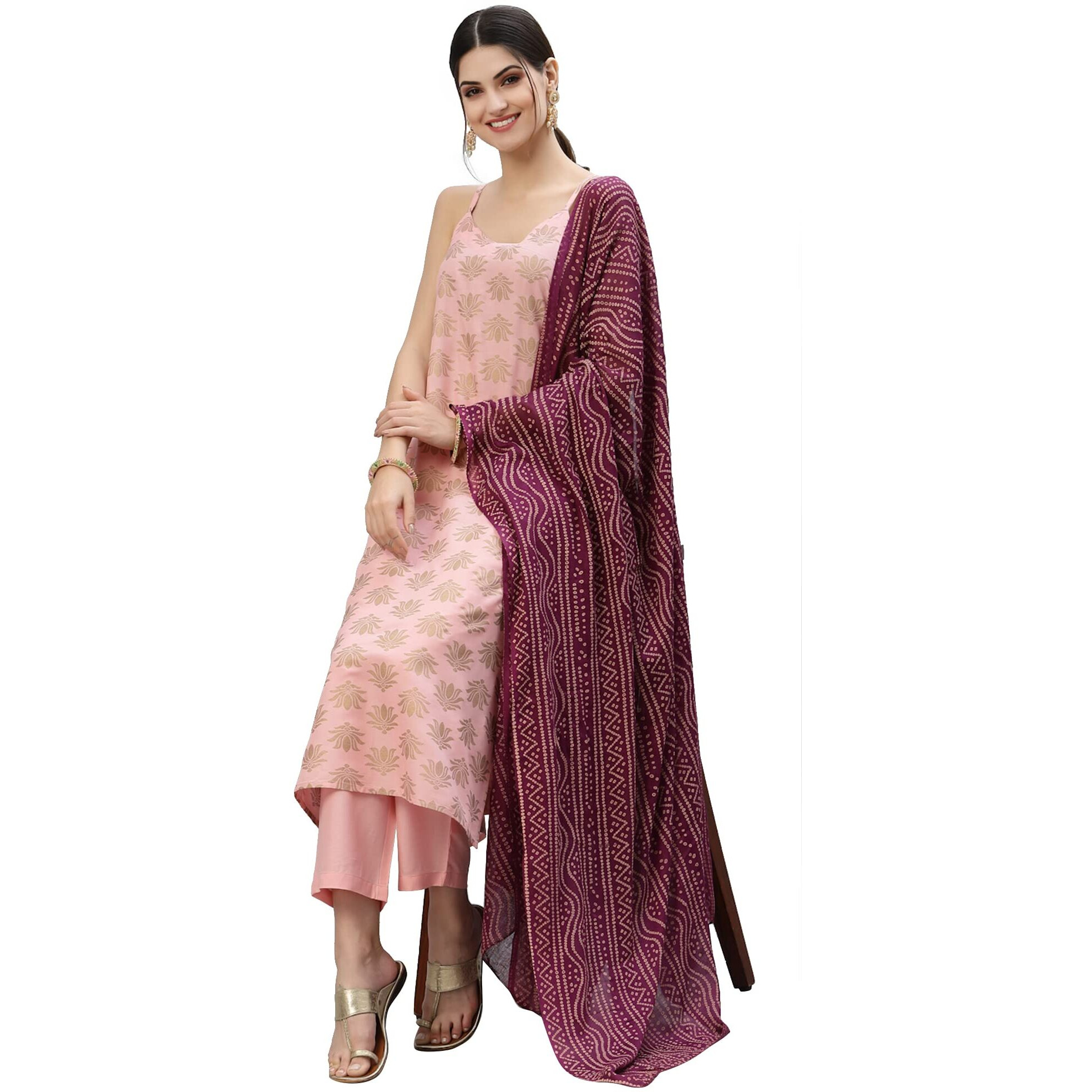 Stylum Women's Gold Print Rayon Straight Kurta Pant Dupatta Set (Kpdpinklotus44_Light Pink, Xxl)