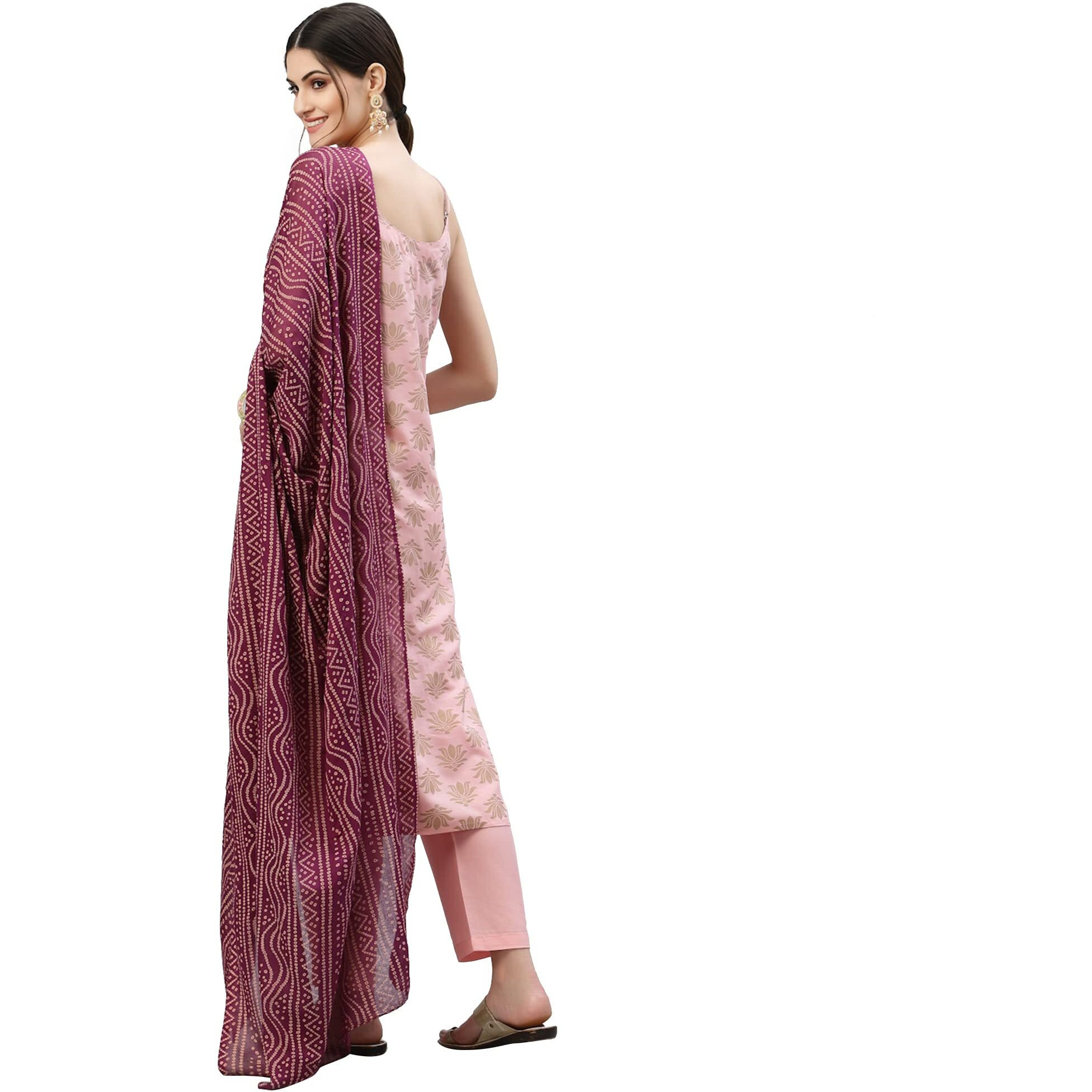 Stylum Women's Gold Print Rayon Straight Kurta Pant Dupatta Set (Kpdpinklotus44_Light Pink, Xxl)