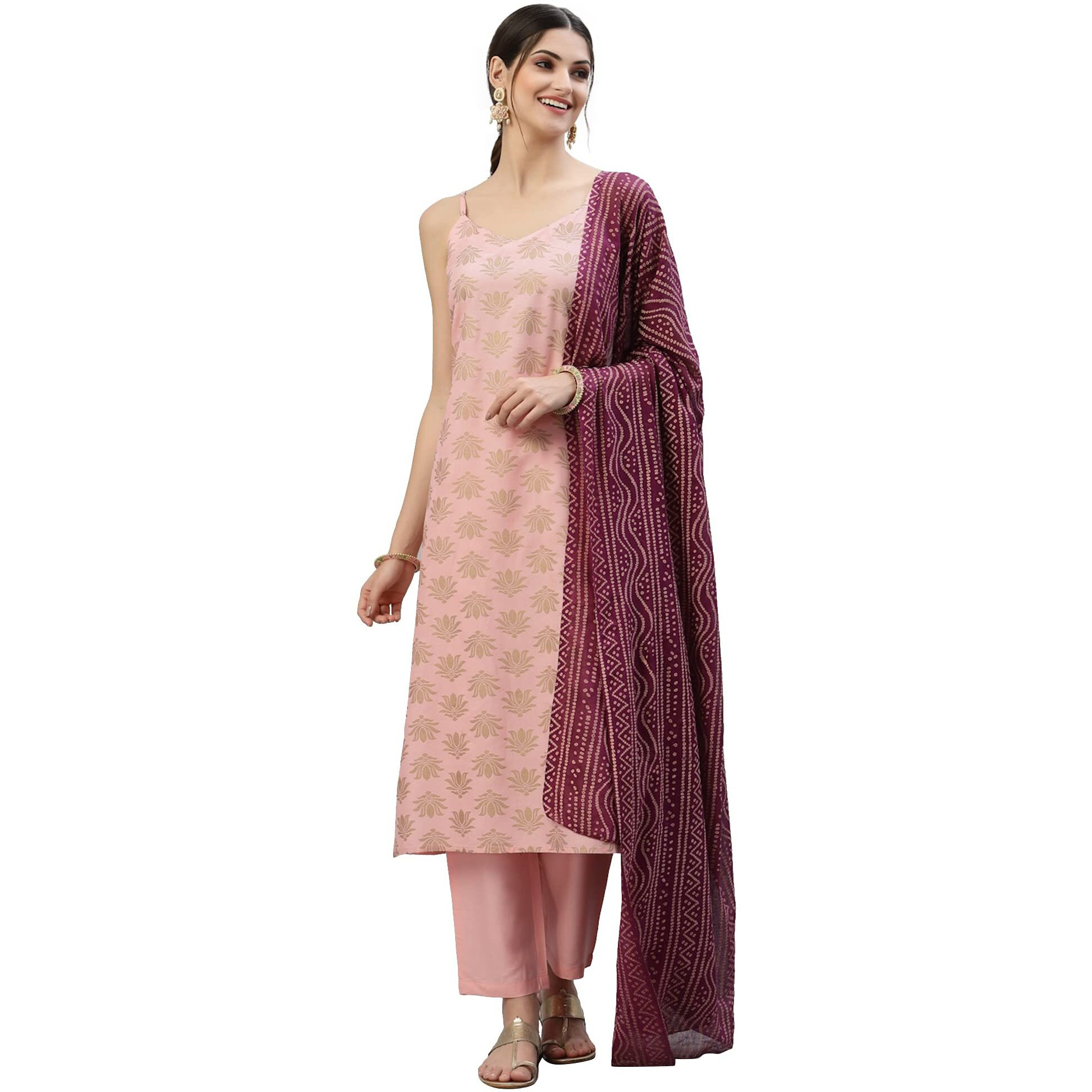 Stylum Women's Gold Print Rayon Straight Kurta Pant Dupatta Set (Kpdpinklotus44_Light Pink, Xxl)