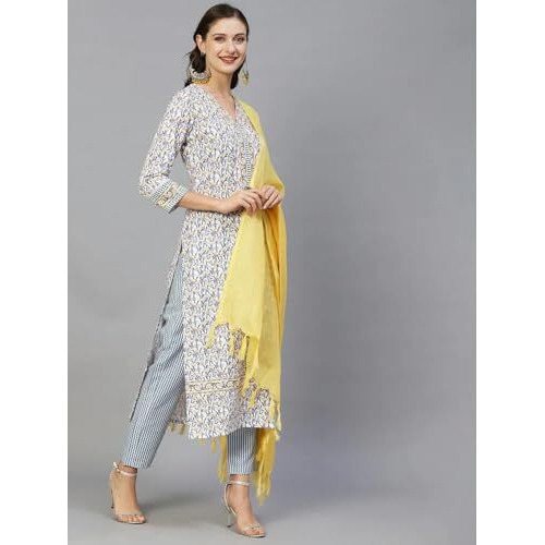 Tee Projekt Women's Cotton Blend V Neck Straight Kurta Pant With Dupatta Set Ll Floral Printed Kurta Set Ll Regular Kurta Set Lime