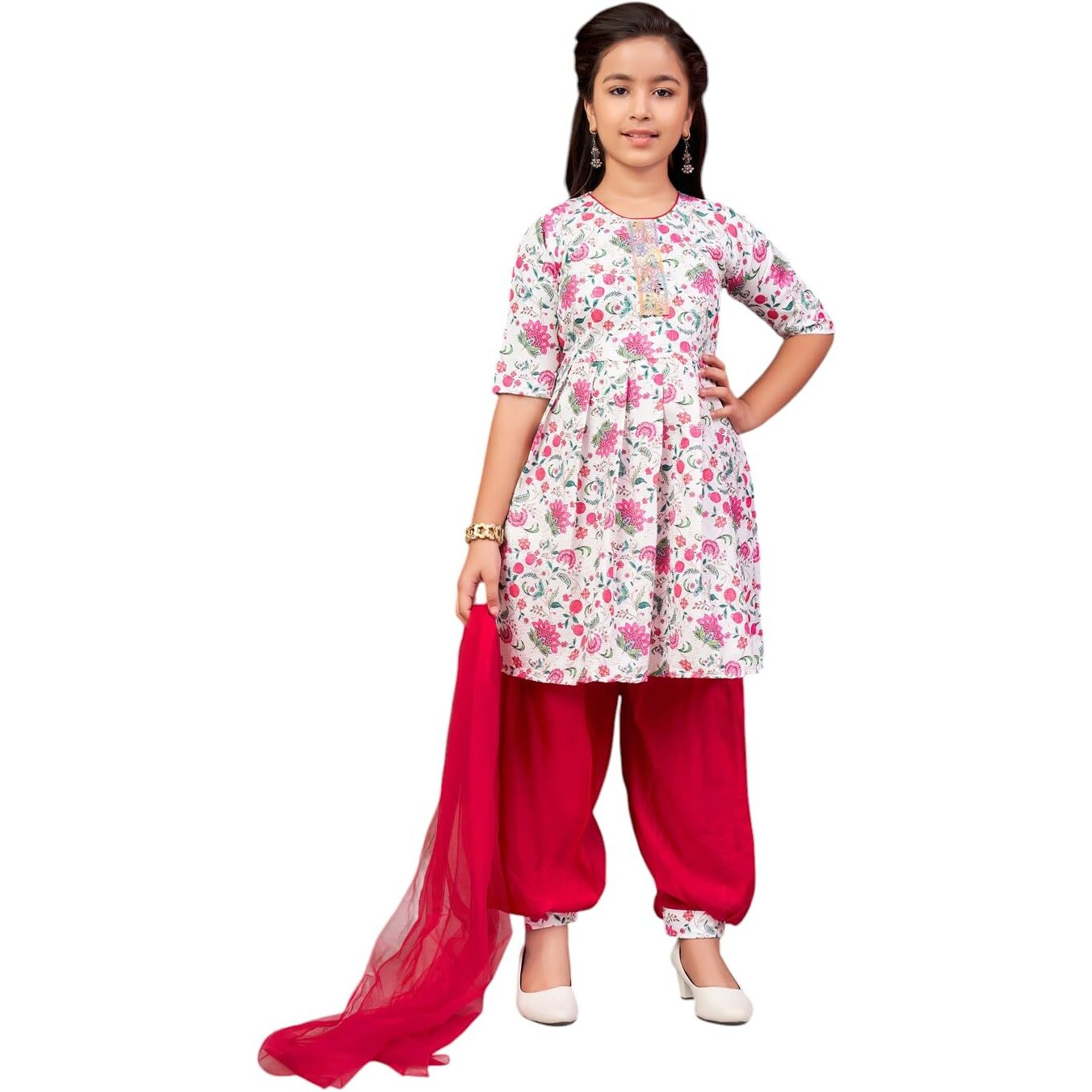 Aarika Girls Ethnic Wear Rani-White Colour Floral Print Beads Work Polycrepe Kurti Patiala Set With Dupatta-3-13 Years (Pt-Shm-5006)