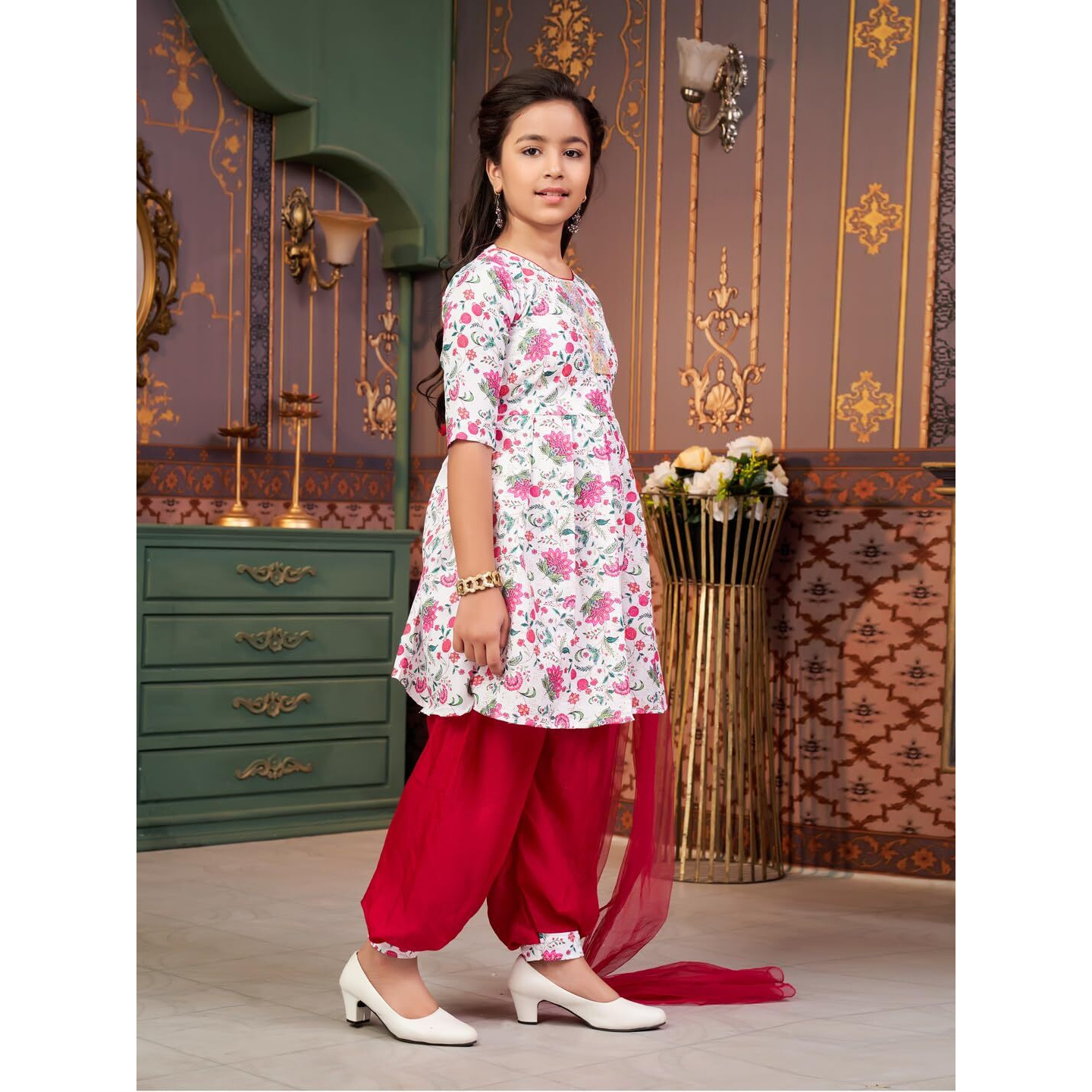 Aarika Girls Ethnic Wear Rani-White Colour Floral Print Beads Work Polycrepe Kurti Patiala Set With Dupatta-3-13 Years (Pt-Shm-5006)