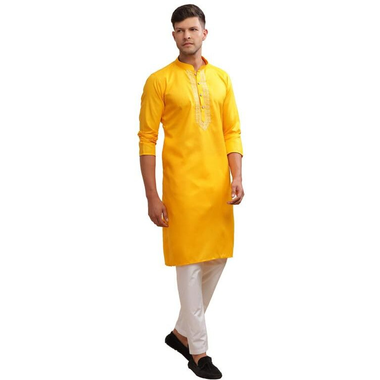 Be Active Men's Traditional Solids Full Sleeves Kurta || Cotton Kurta For Men || Men Kurta For Wedding || Kurta For Men (My0042 2 L) Yellow