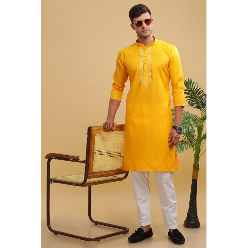 Be Active Men's Traditional Solids Full Sleeves Kurta || Cotton Kurta For Men || Men Kurta For Wedding || Kurta For Men (My0042 2 L) Yellow