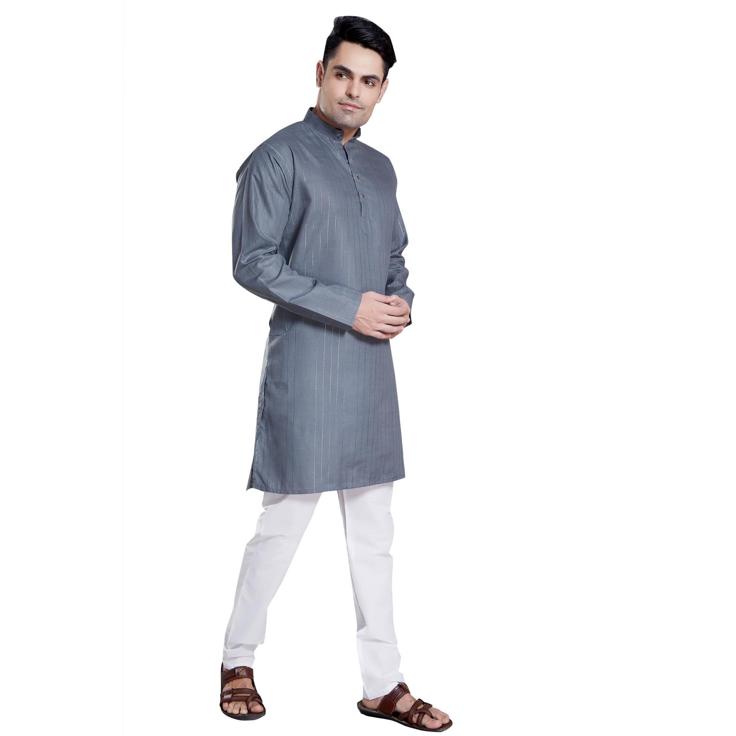 Divisive Men's Self Zari Line Cotton Blend Slim Fit Kurta Pyjama Set (Dkrt77_L_Grey)