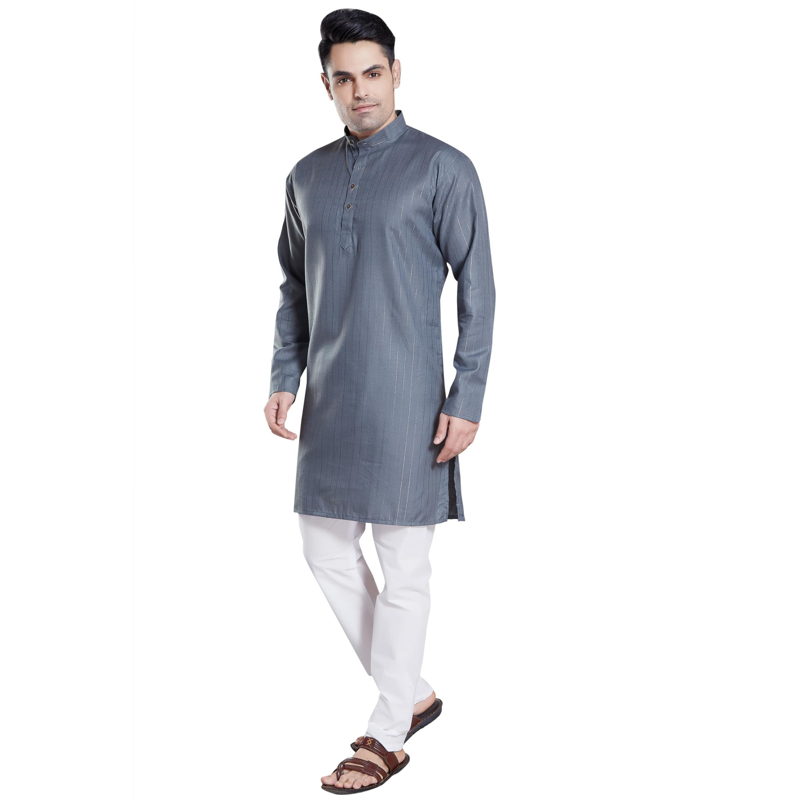 Divisive Men's Self Zari Line Cotton Blend Slim Fit Kurta Pyjama Set (Dkrt77_L_Grey)
