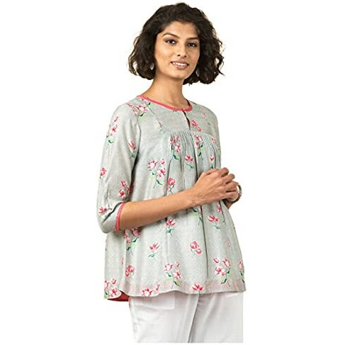 Fabindia Women Cupro Printed Short Kurta Modal_S Aqua