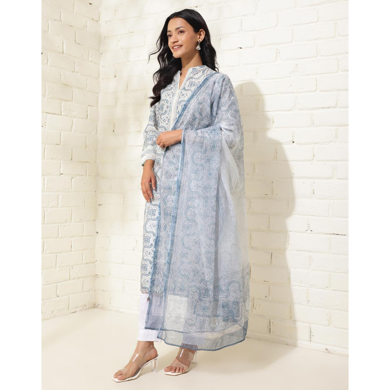 Fabindia Women's Cotton Silk Printed Regular Kurta (2124220White- White-Blue