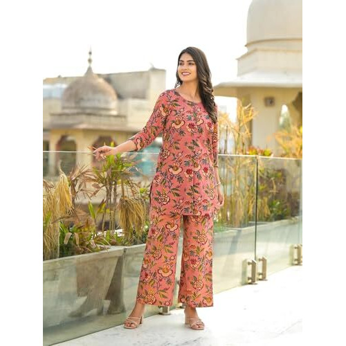 Fabnex Women's Cotton Blend Floral Printed Kurta Set With Palazzo | Ethnic Wear Kurti Pant Set (K-119-120) (Peach, S)