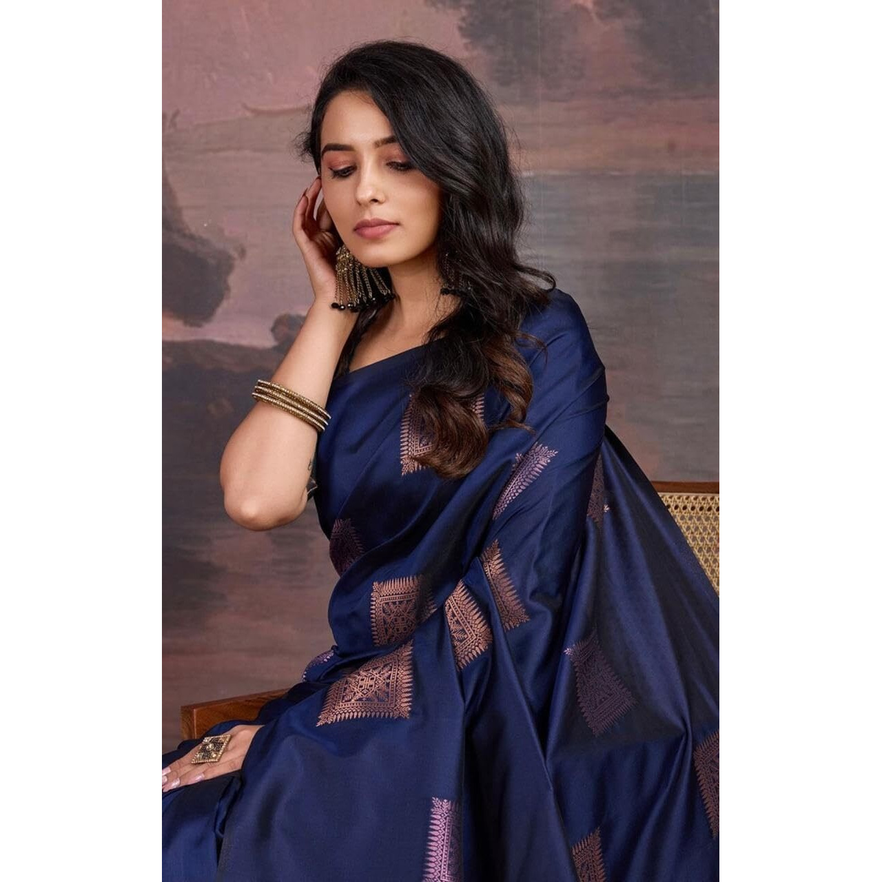 Flosive Women's Beautiful Hot Shine Kanjivaram Wedding Saree With Fancy Blouse (Navy Blue)