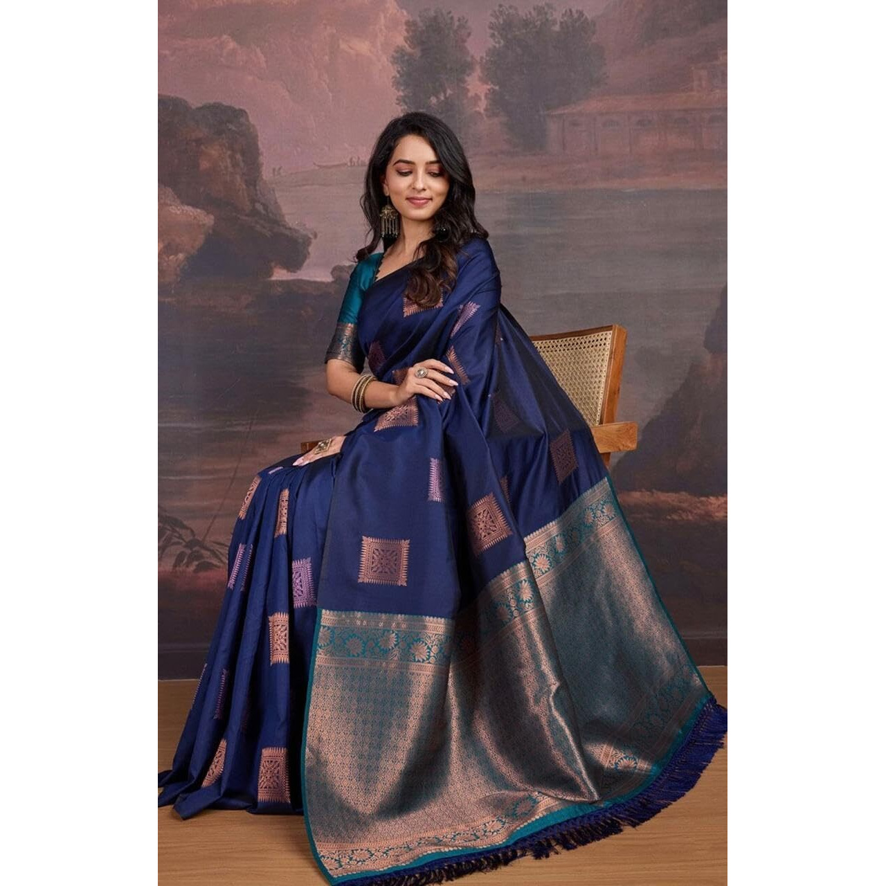 Flosive Women's Beautiful Hot Shine Kanjivaram Wedding Saree With Fancy Blouse (Navy Blue)
