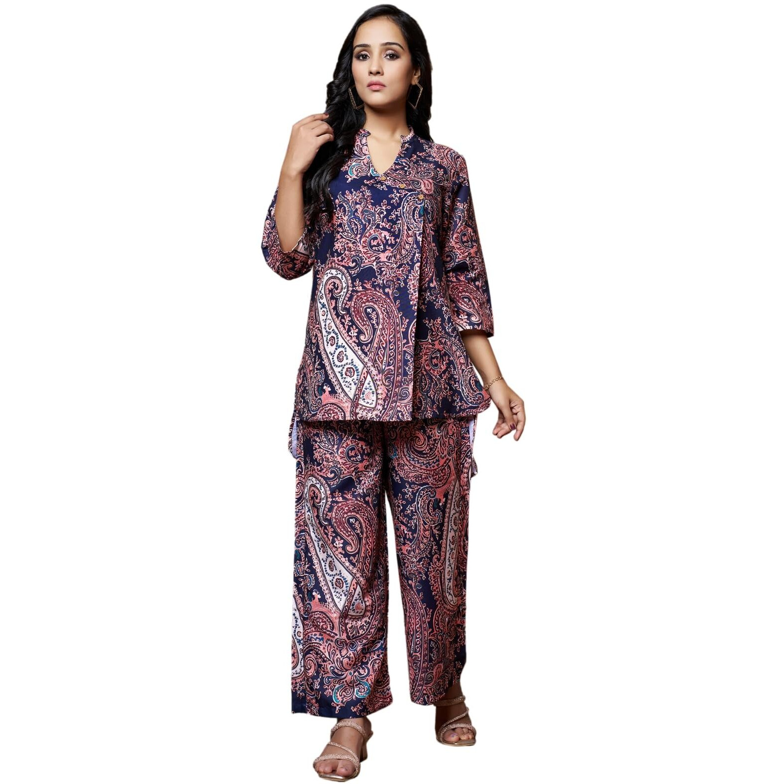 Leriya Fashion Women Ethnic Kurta Set | Rayon Co-Ord Set | Fancy Pajama Set | Pack Of 2 | Floral Printed Top & Pant Set | Full Pair Set | A-Line Kurta Set For Women | (Medium, Black)