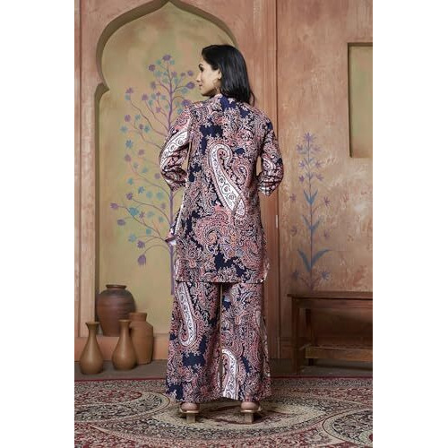Leriya Fashion Women Ethnic Kurta Set | Rayon Co-Ord Set | Fancy Pajama Set | Pack Of 2 | Floral Printed Top & Pant Set | Full Pair Set | A-Line Kurta Set For Women | (Medium, Black)