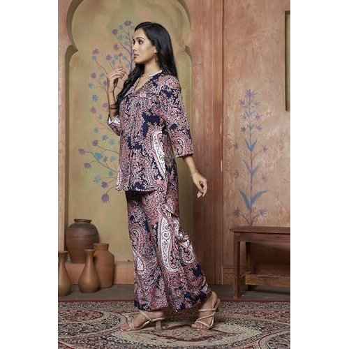 Leriya Fashion Women Ethnic Kurta Set | Rayon Co-Ord Set | Fancy Pajama Set | Pack Of 2 | Floral Printed Top & Pant Set | Full Pair Set | A-Line Kurta Set For Women | (Medium, Black)