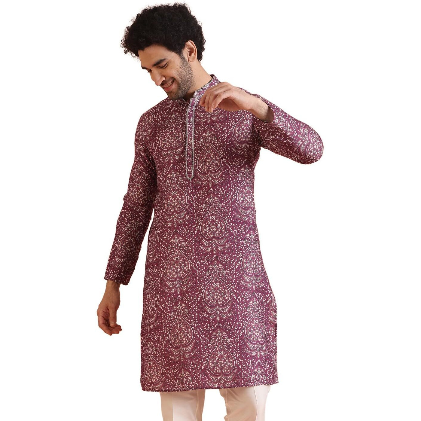 Kisah Men's Kurta, Burgundy Cotton, Floral Regular Fit Mandarin Collar Long Sleeves, 36