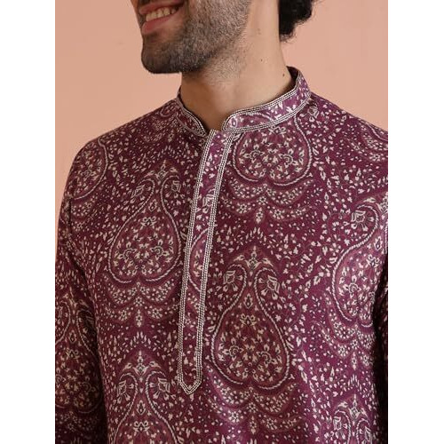 Kisah Men's Kurta, Burgundy Cotton, Floral Regular Fit Mandarin Collar Long Sleeves, 36