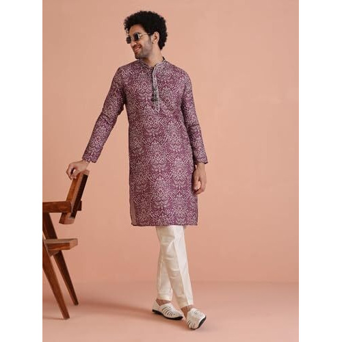 Kisah Men's Kurta, Burgundy Cotton, Floral Regular Fit Mandarin Collar Long Sleeves, 36