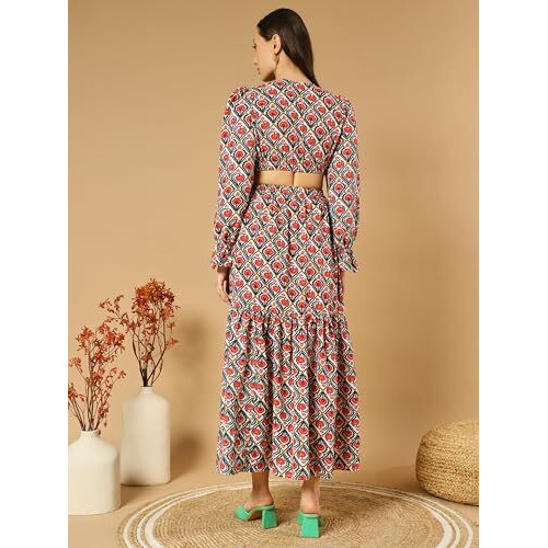 Kzully Women's Crepe A-Line Maxi Casual Dress (Sfs-2001-Red-Kaju Katli-L-Print_Red-Floral