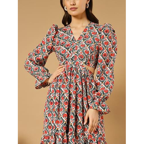 Kzully Women's Crepe A-Line Maxi Casual Dress (Sfs-2001-Red-Kaju Katli-L-Print_Red-Floral