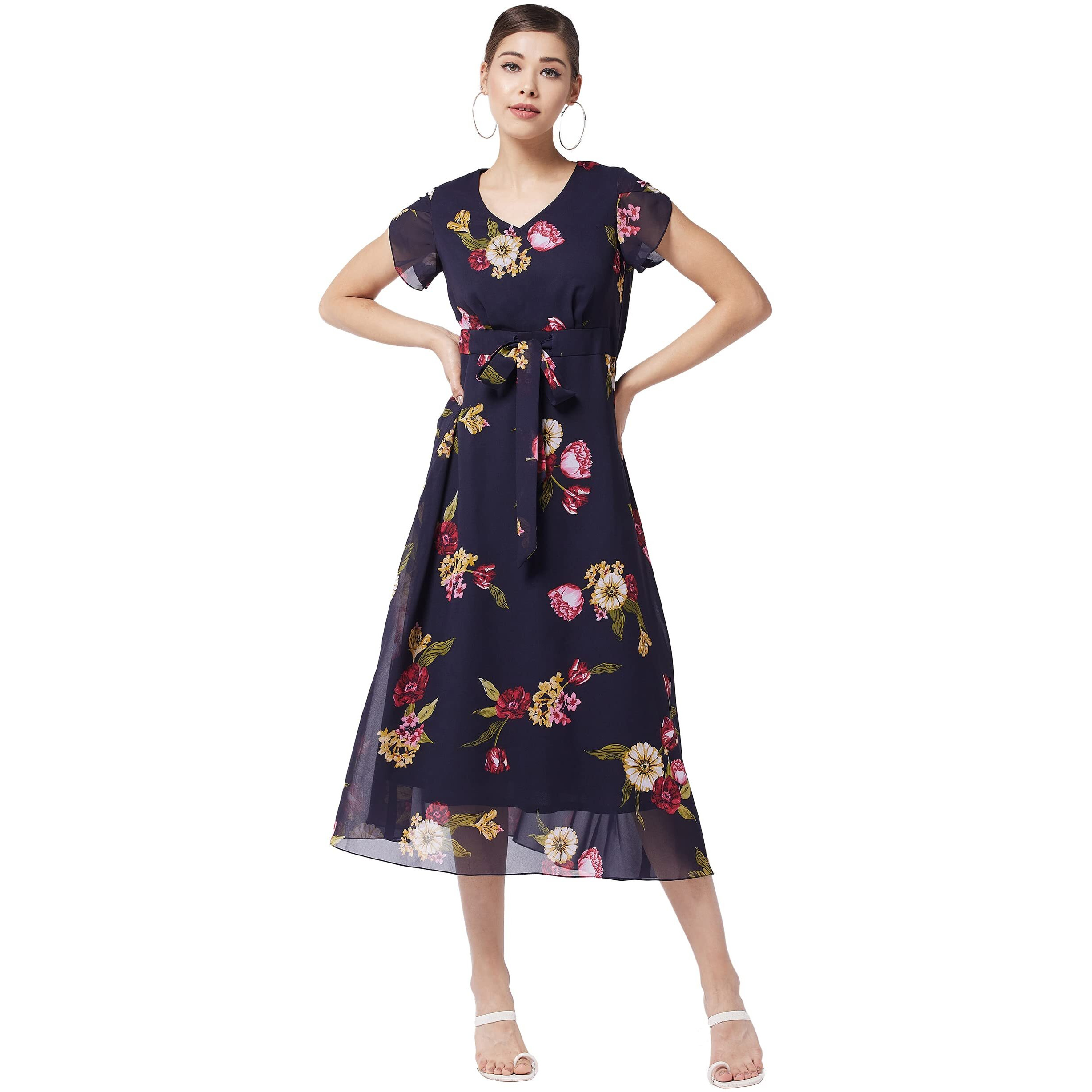 Miss Chase Women's V-Neck Short Sleeve Floral Pleated Midi Dress (Mcaw21D14-87-178-06, Multicolored-Base-Navy Blue, Xl)