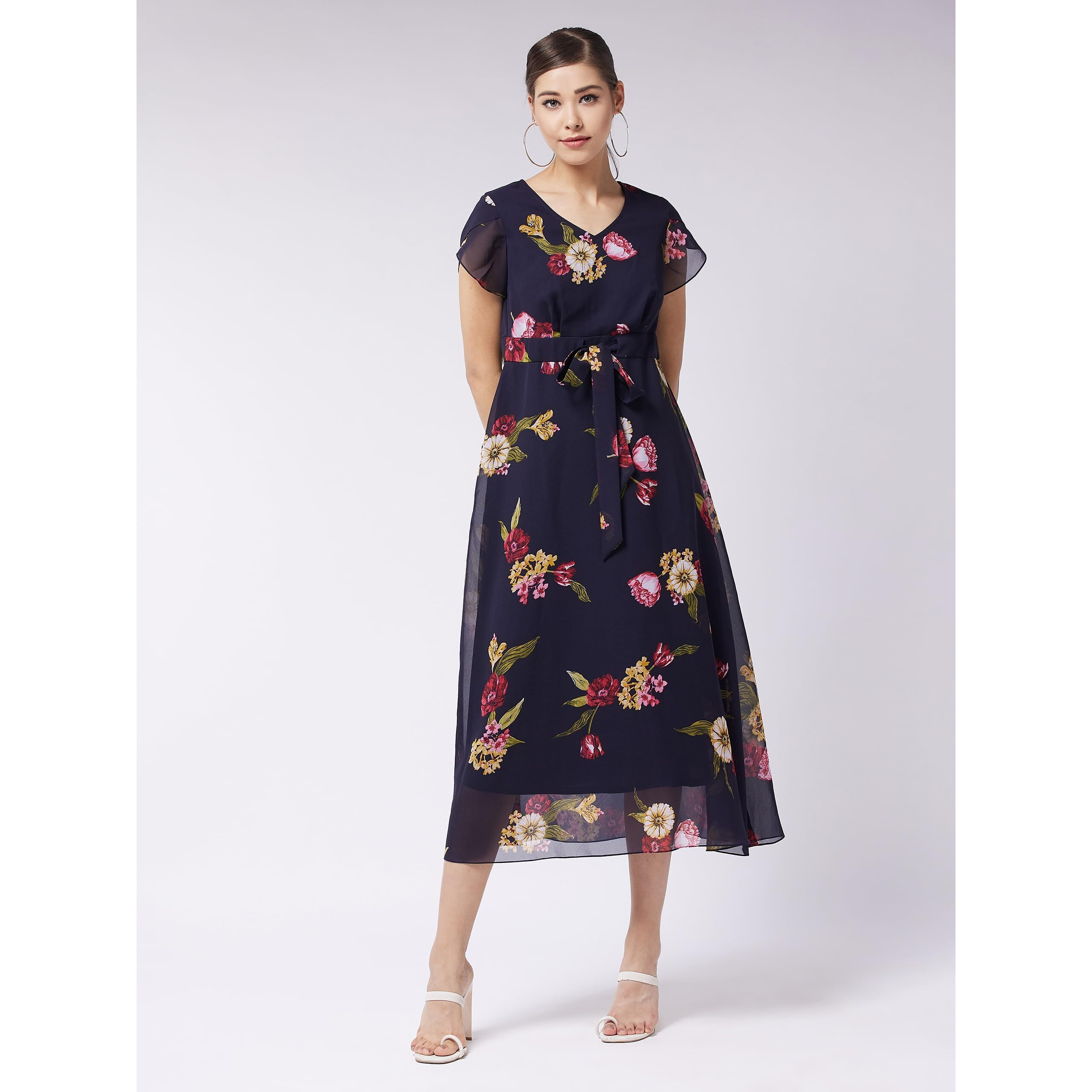 Miss Chase Women's V-Neck Short Sleeve Floral Pleated Midi Dress (Mcaw21D14-87-178-06, Multicolored-Base-Navy Blue, Xl)