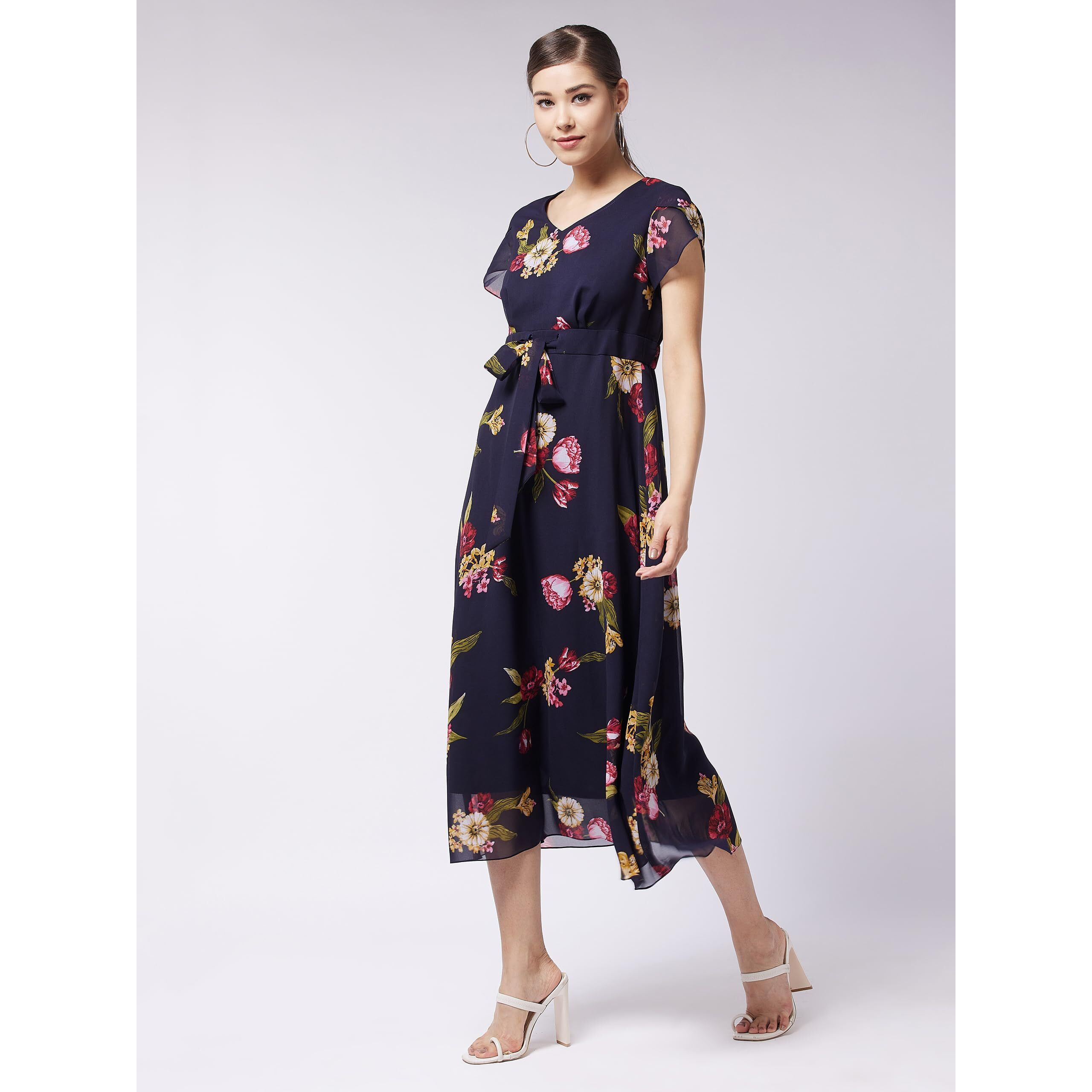 Miss Chase Women's V-Neck Short Sleeve Floral Pleated Midi Dress (Mcaw21D14-87-178-06, Multicolored-Base-Navy Blue, Xl)