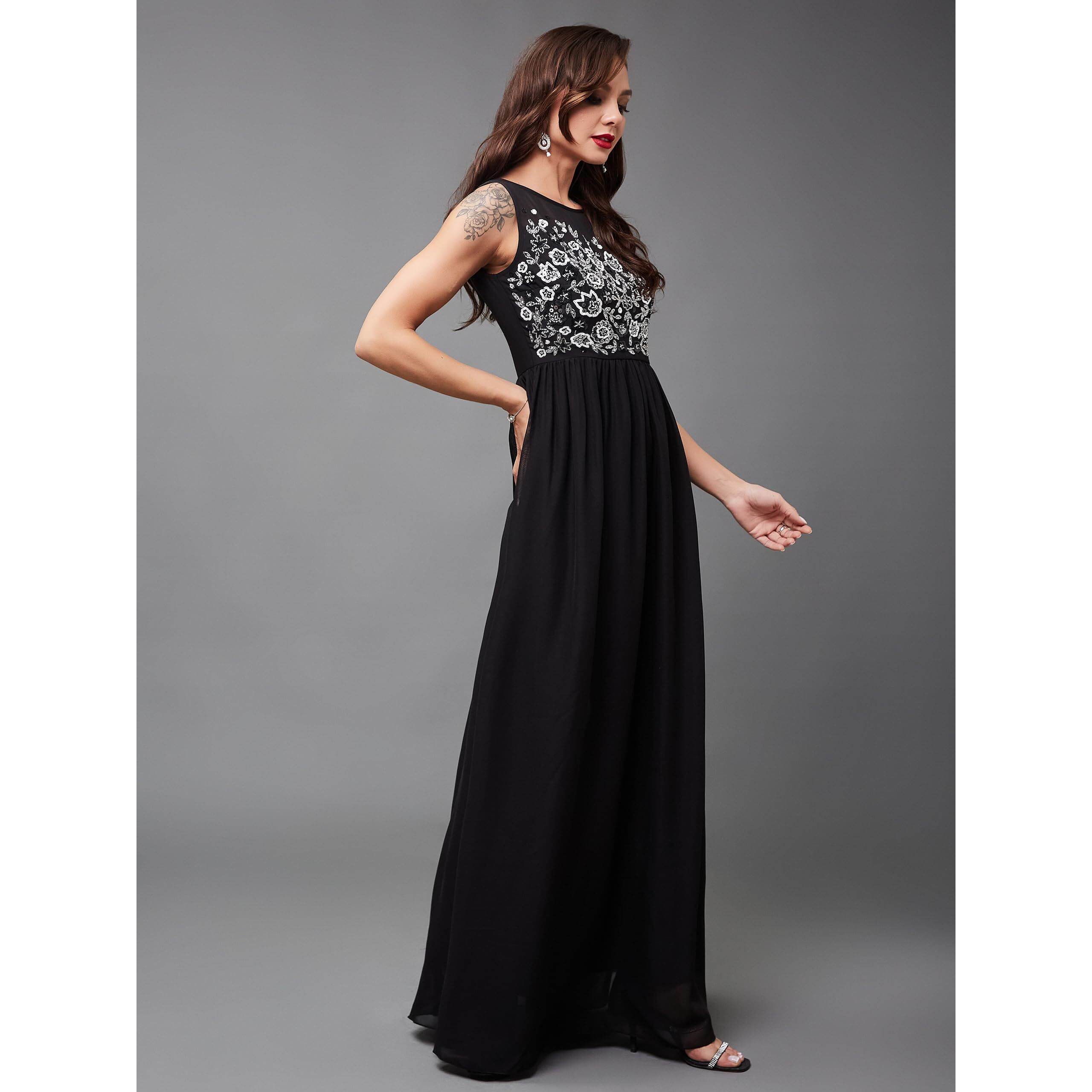 Miss Chase Women's Boat Neck Sleeveless Solid Embellished Maxi Dress (Plus Size) (Mcss24D97-07-62-07, Black, 2Xl)