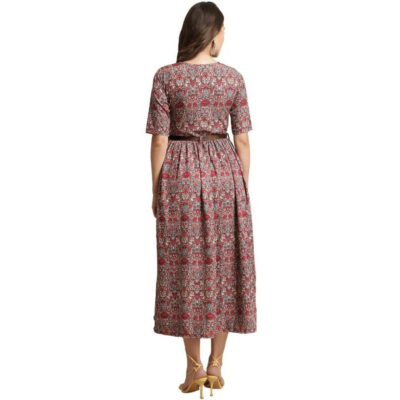 Preneum Women's Georgette Floral Printed 3/4 Slevees A-Line Fit & Flare Gown With Beltindo-Western Ethnic Gown || A-Line Maxi Dress Casual Wear || Fit & Flare Flared Hem Design, Radish, L