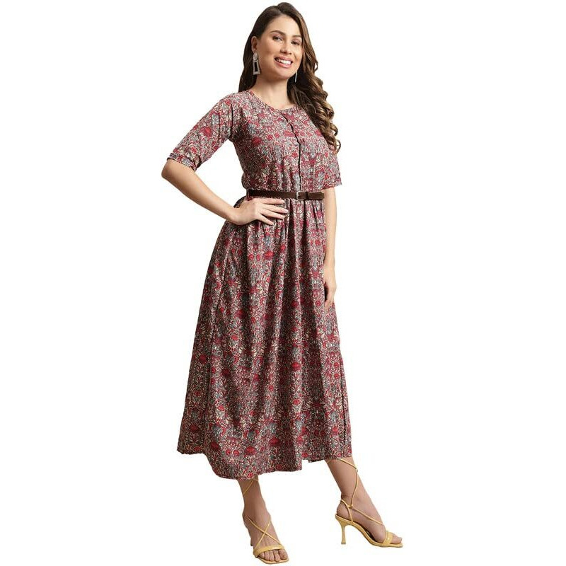 Preneum Women's Georgette Floral Printed 3/4 Slevees A-Line Fit & Flare Gown With Beltindo-Western Ethnic Gown || A-Line Maxi Dress Casual Wear || Fit & Flare Flared Hem Design, Radish, L
