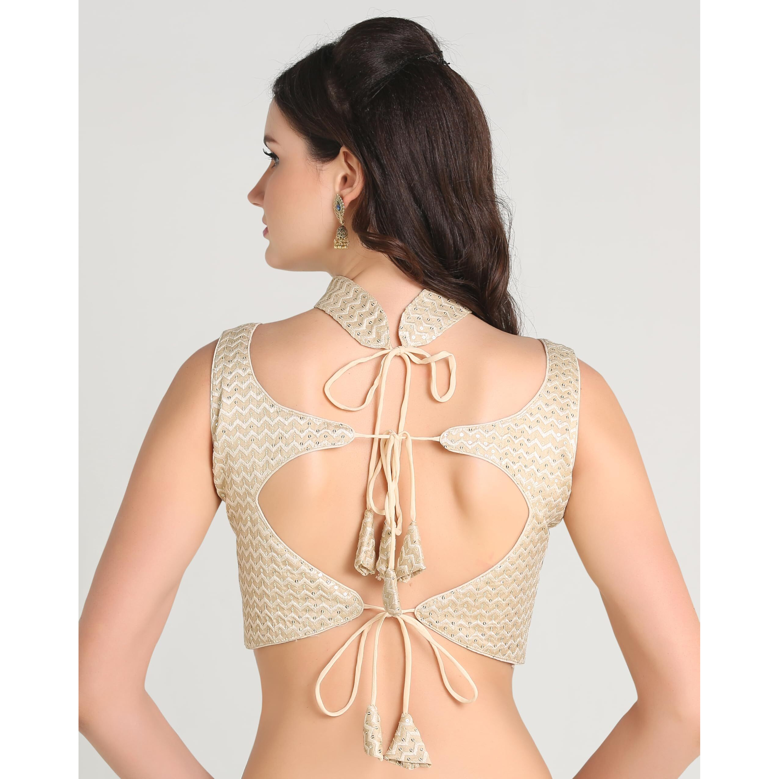 Pujia Mills Woman's Readymade Sleeveless Gold Blouse Halter Neck With String Pattern Backless Ethnic Wear Pattern Choli Blouse