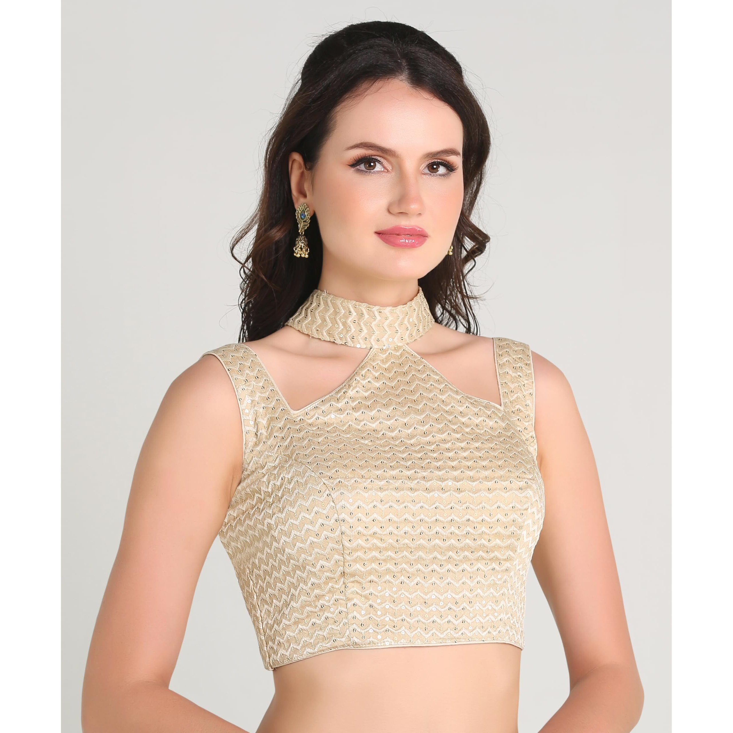 Pujia Mills Woman's Readymade Sleeveless Gold Blouse Halter Neck With String Pattern Backless Ethnic Wear Pattern Choli Blouse