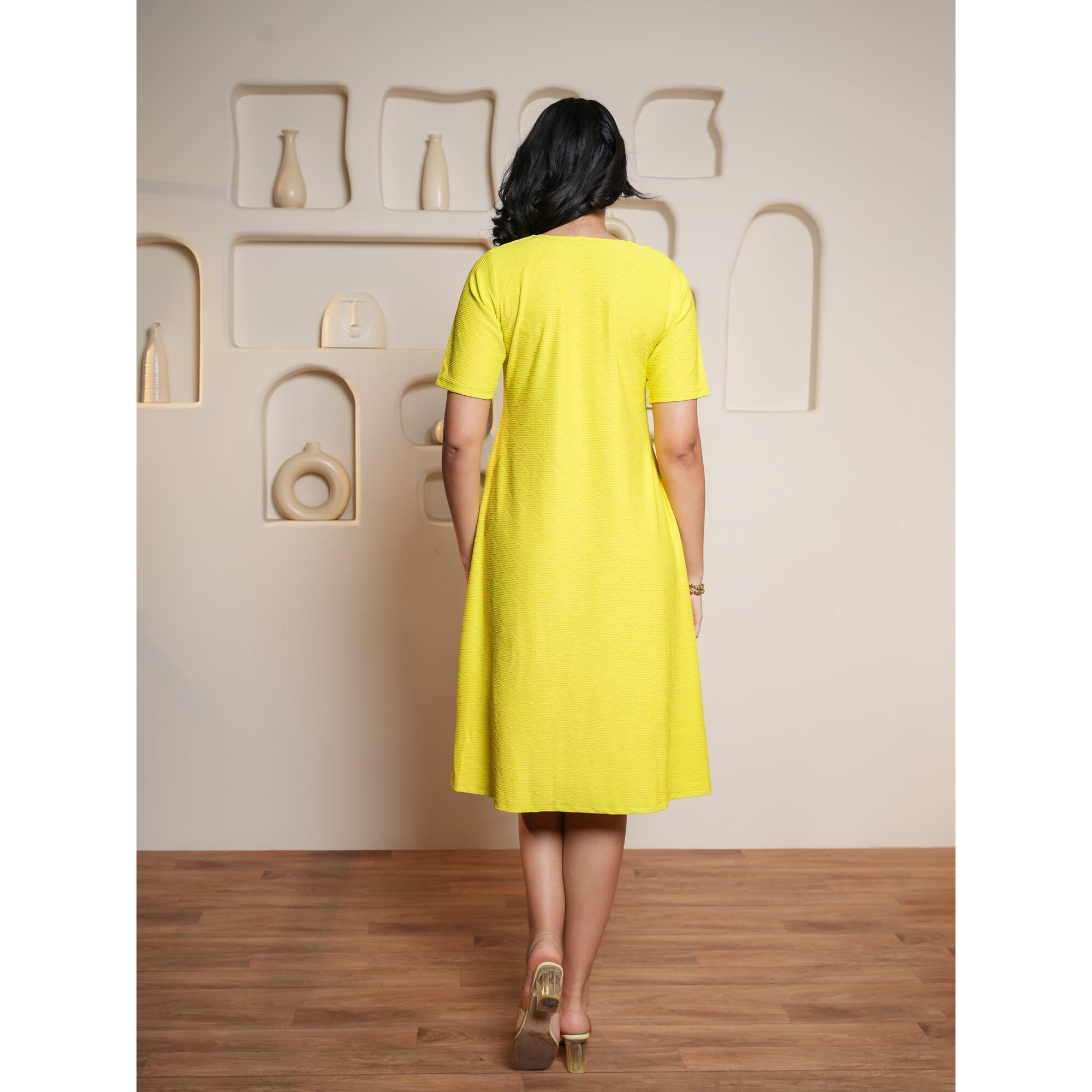 Purvaja Womens A-Line Midi Length Dress (Nisi-062-Lemon_Lemon_Large)