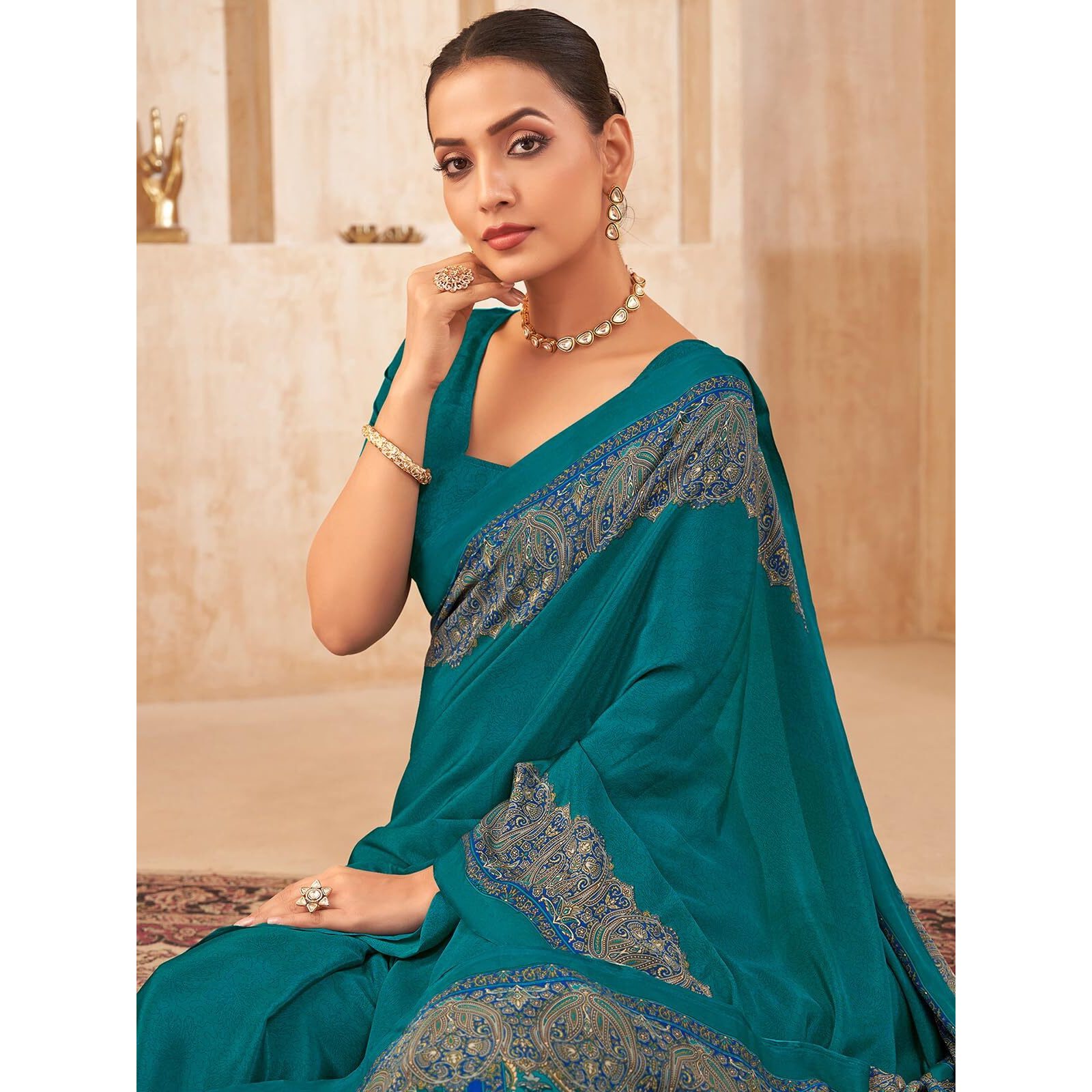 Satrani Women's Silk Crepe Printed Saree With Unstitched Blouse Piece (4201S3302N_Teal Blue)