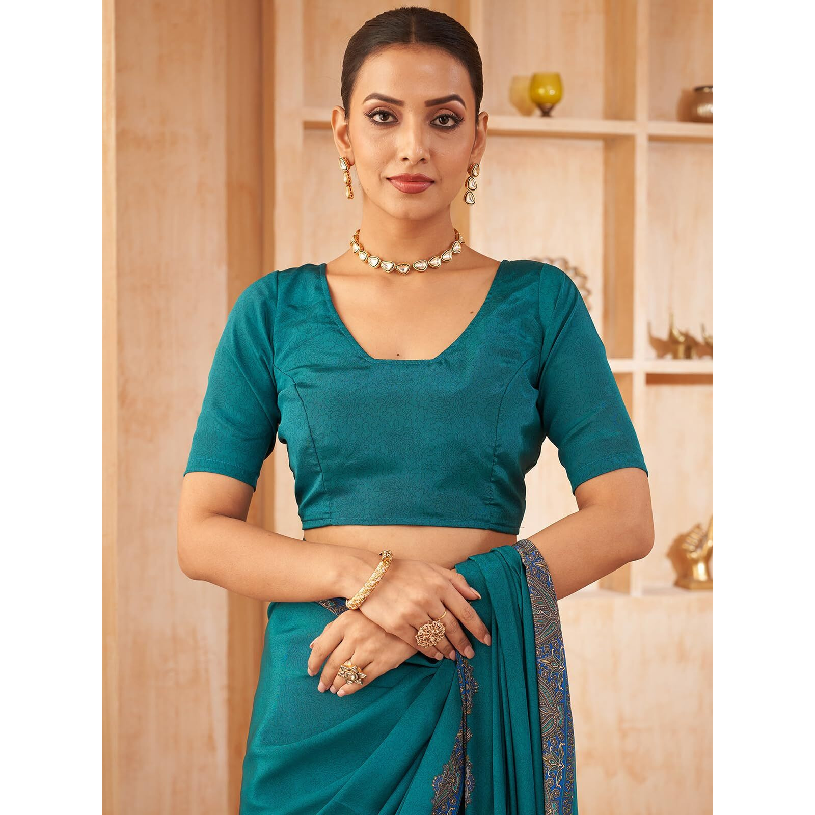 Satrani Women's Silk Crepe Printed Saree With Unstitched Blouse Piece (4201S3302N_Teal Blue)