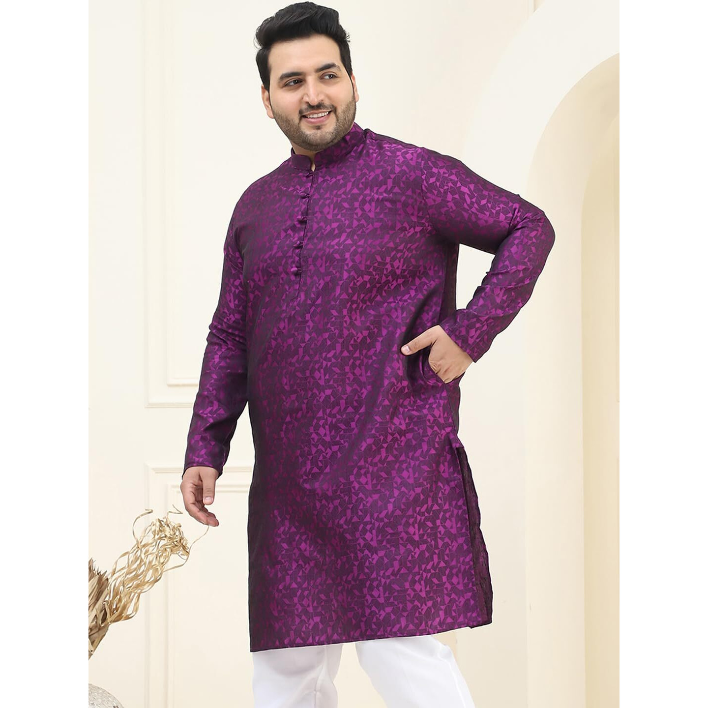 Sojanya Plus (Since 1958) Men's Silk Blend Violet Self Design Only Long Kurta