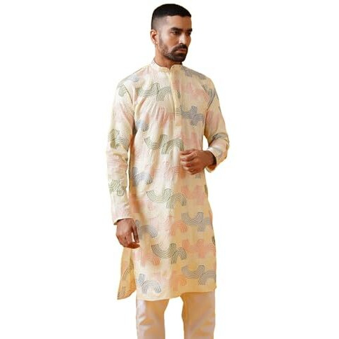 Sojanya (Since 1958 Men's Cotton Silk Multi Thread Embroidered Cream Long Kurta