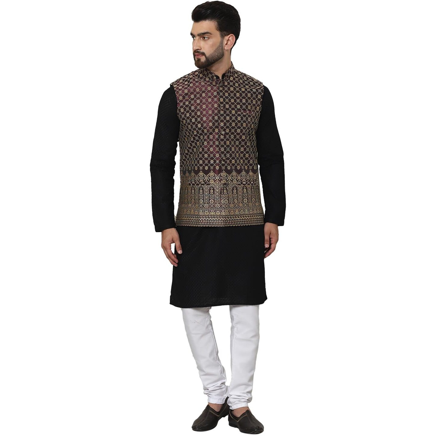 Sojanya (Since 1958 Men's Pure Cotton Black Kurta And White Pyjama With Wine Nehru Jacket