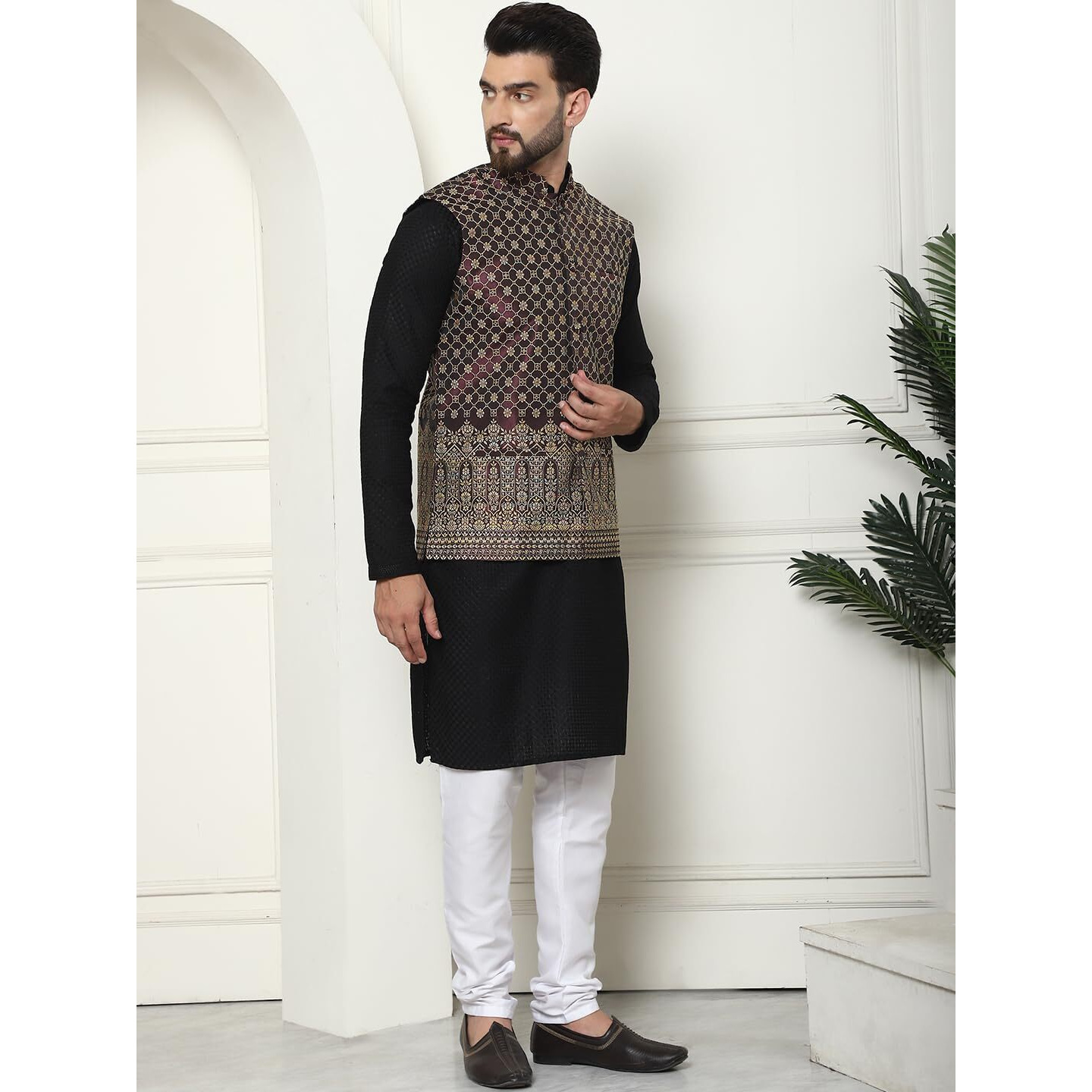 Sojanya (Since 1958 Men's Pure Cotton Black Kurta And White Pyjama With Wine Nehru Jacket