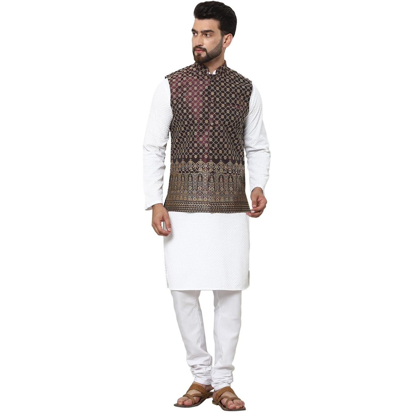 Sojanya (Since 1958 Men's Pure Cotton White Kurta And White Pyjama With Wine Nehru Jacket