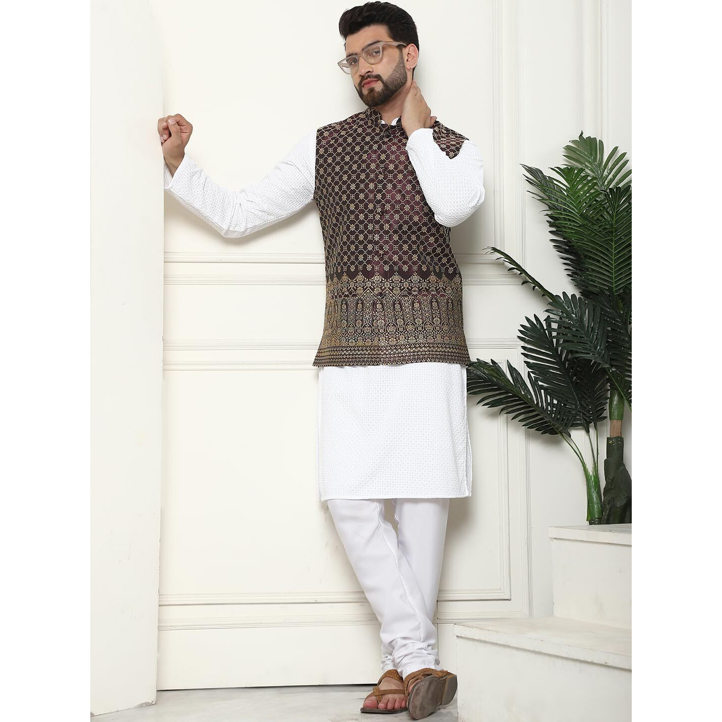 Sojanya (Since 1958 Men's Pure Cotton White Kurta And White Pyjama With Wine Nehru Jacket
