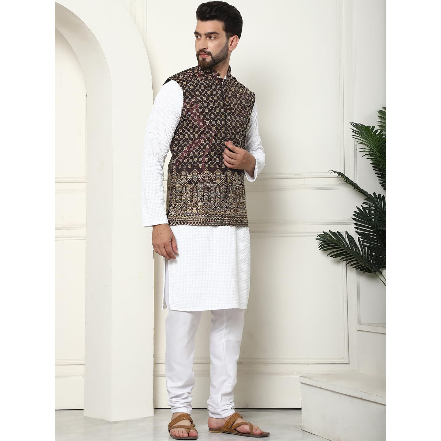 Sojanya (Since 1958 Men's Pure Cotton White Kurta And White Pyjama With Wine Nehru Jacket