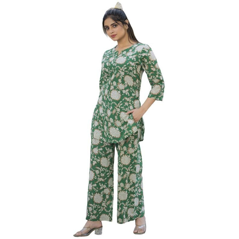 Tee Projekt Cotton Ethnic Wear Co Ord Set For Women | Festive Co Ord Set For Women Green