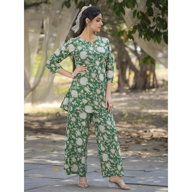 Tee Projekt Cotton Ethnic Wear Co Ord Set For Women | Festive Co Ord Set For Women Green