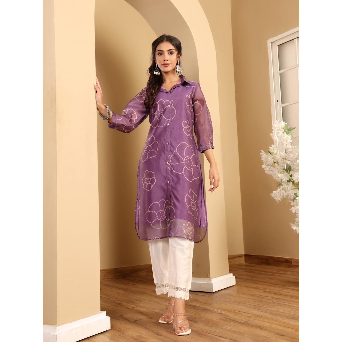 Varanga Women Premium Bandhani Floral Printed Shirt Kurta Purple