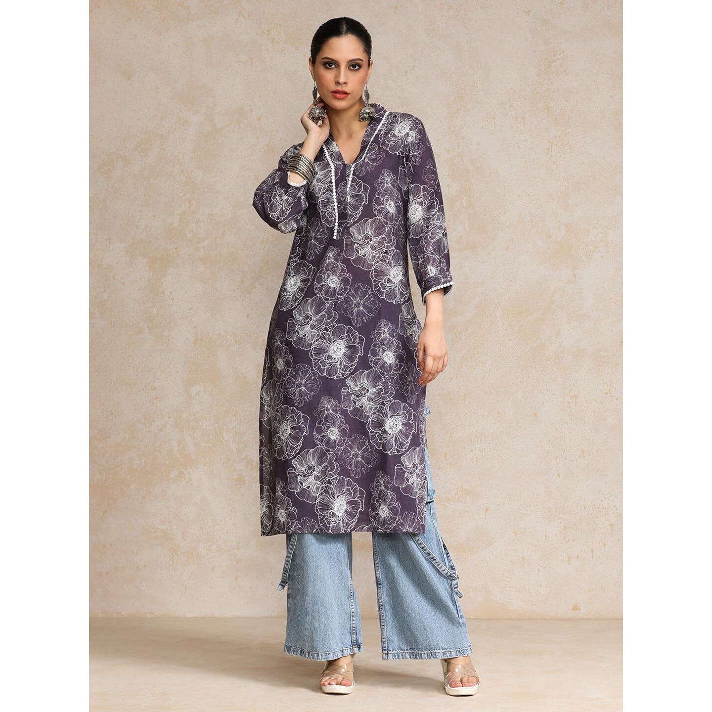 Varanga V Neck Kurta With Lace Detailing And Big Floral Print Purple