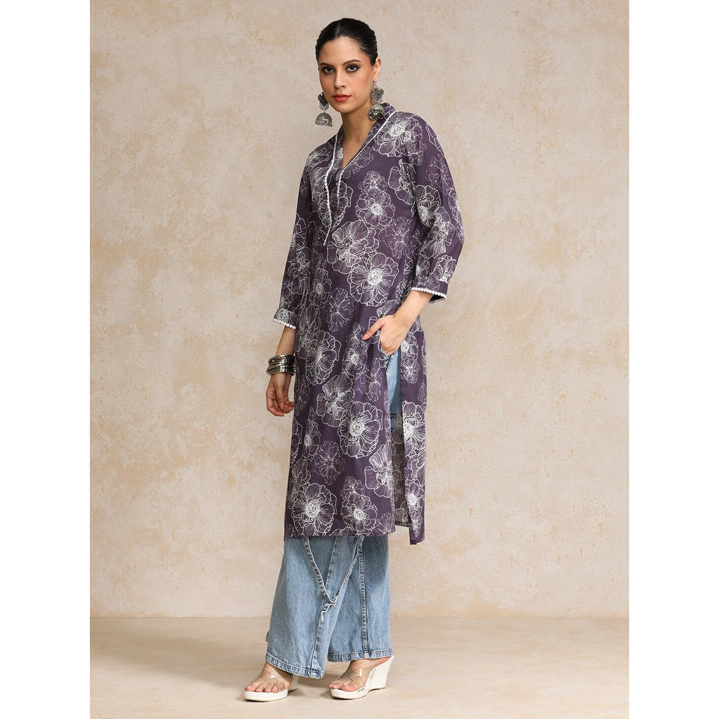 Varanga V Neck Kurta With Lace Detailing And Big Floral Print Purple