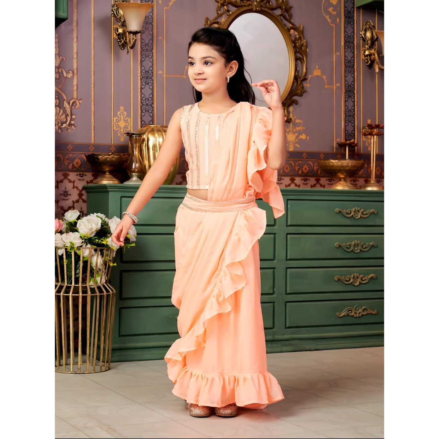 Aarika Girls Ethnic Wear Peach Colour Sequin Embroidery Georgette Lehenga Choli Set With Attached Dupatta-4-13 Years (Lch-Shm-5018)