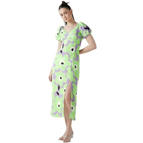 Bewakoof Women's All Over Printed Oversized Fit Half Sleeve V-Neck Poly Blend Dress_635471_Green_L