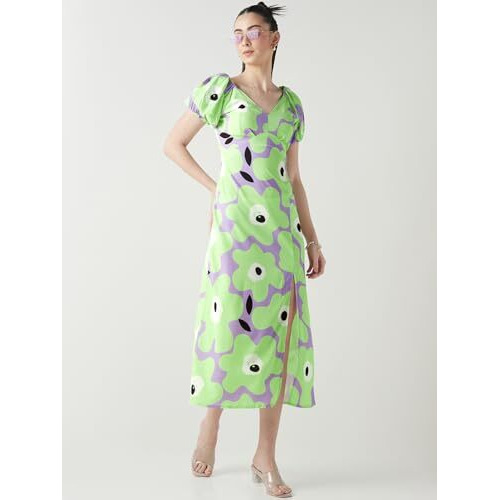 Bewakoof Women's All Over Printed Oversized Fit Half Sleeve V-Neck Poly Blend Dress_635471_Green_L